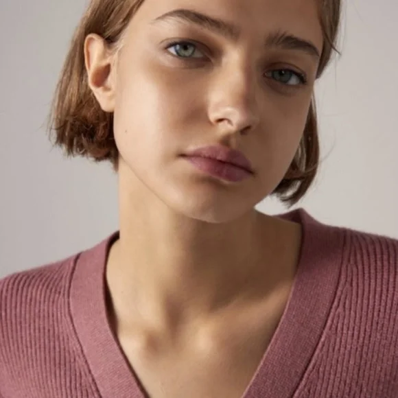 Zara Dark Rose Pink Mauve Knit Puff Shoulder Sleeves Button Up V Neck Cardigan L - Picture 3 of 7